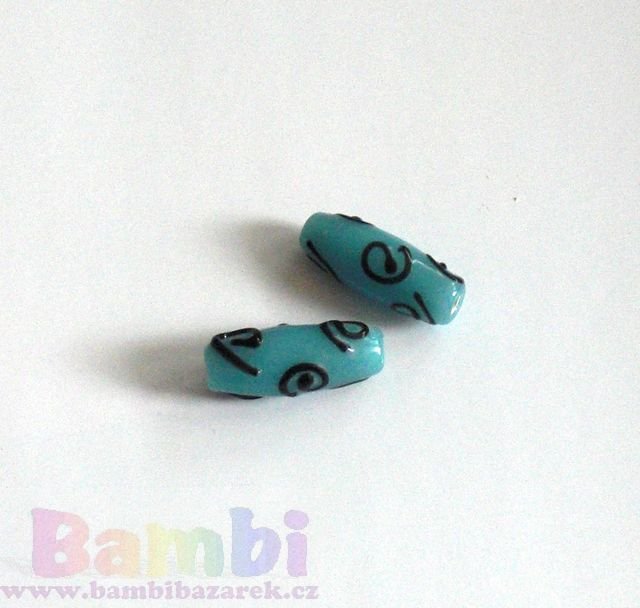 Vinuté perle - Soudek tyrkysový s černými spirálkami 25×10mm