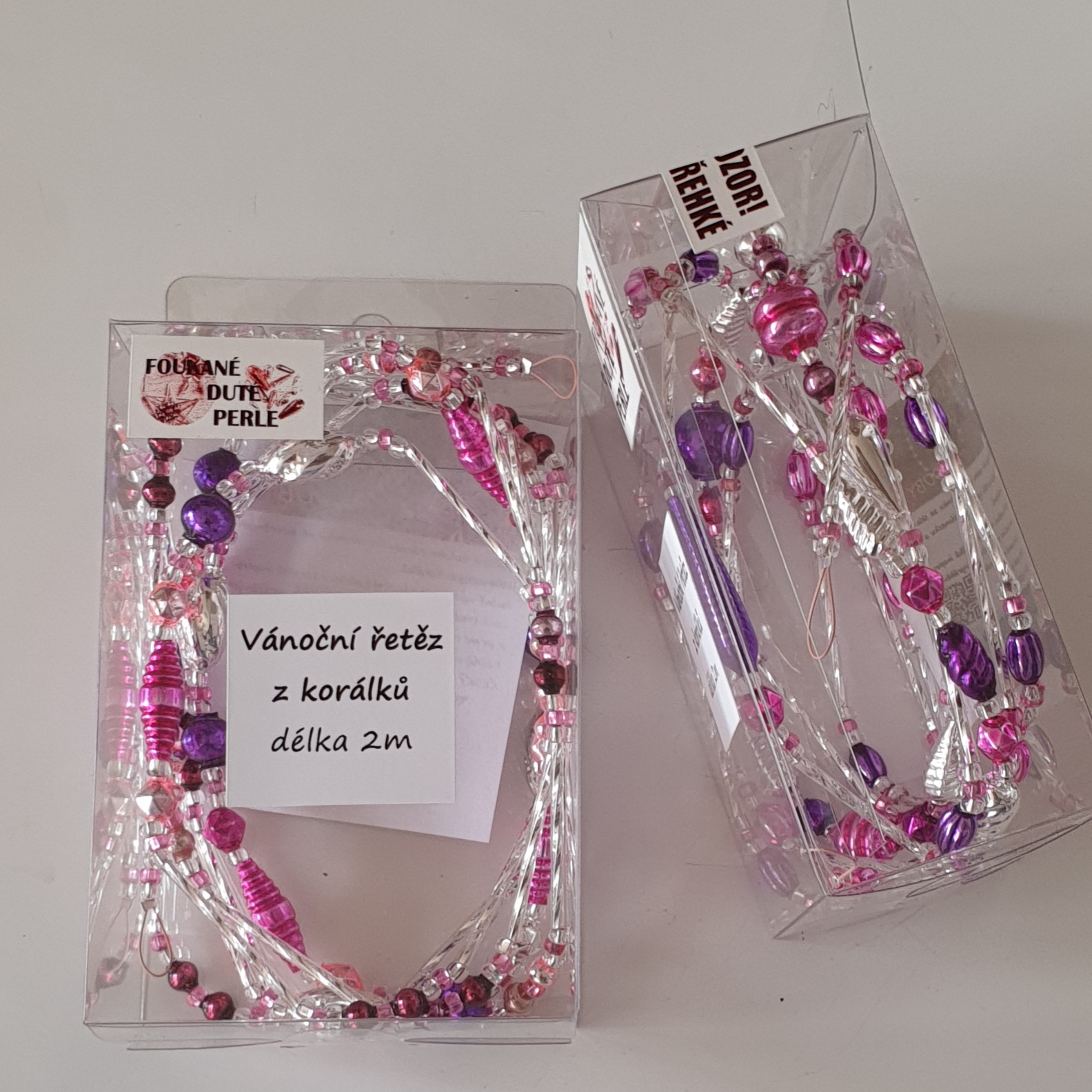 Vánoční řetěz s dutými perlami - růžová/stříbrná/fialová