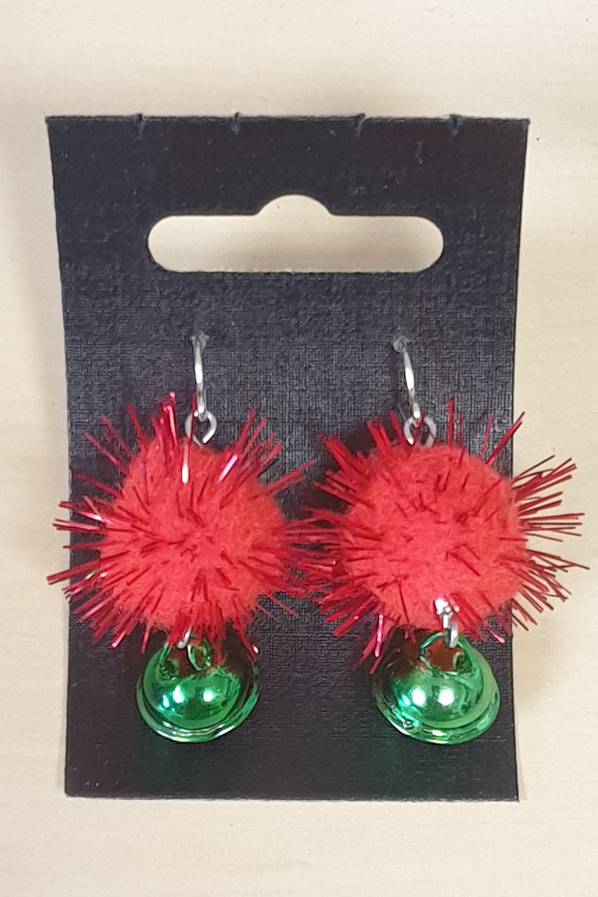 Vánoční náušnice s bambulkami - červená/zelená rolnička