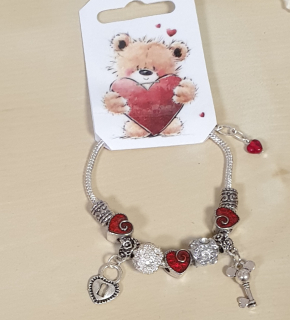 Náramek hadí ve stylu PANDORA - Valentýn - srdíčka/štrasové korálky